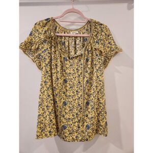 Max Studio Floral Print Blouse Womens Small Yellow Blue‎ Ruffle Sleeve Boho Chic